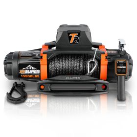 ZESUPER 12V 13500 lb Load Capacity Electric Winch Synthetic Rope Hook Winch Kit Waterproof IP66 Electric Winch with Hawse Fairlead and 2 in 1 Wir