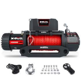 X-BULL Electric Winch 10000 LBS 12V Synthetic Rope Load Capacity Red Rope Jeep Towing Truck Off Road (Color: as Pic)